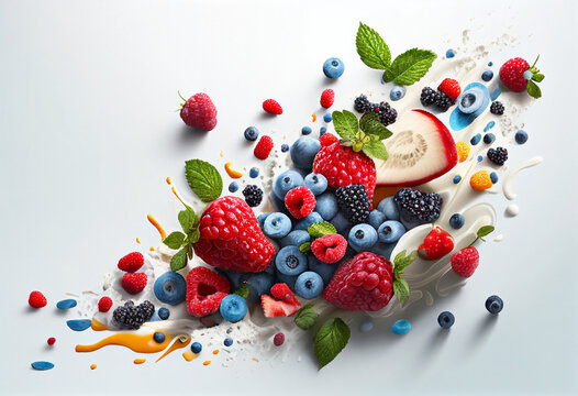 Lot of different fruits fall into the milk, Strawberries, blueberries, and blackberries healthy breakfast concept. High quality photo Generative AI