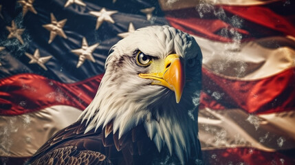 águila americana sobre fondo de la bandera americana  - obrazy, fototapety, plakaty