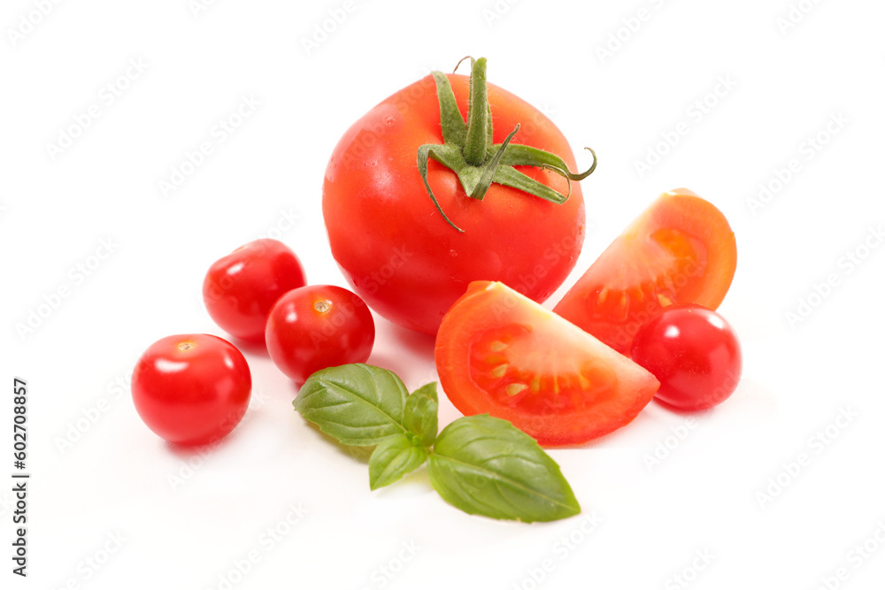 Sticker cherry tomato and basil leaf isolated on white background