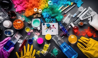  a table topped with lots of different types of paint and gloves.  generative ai