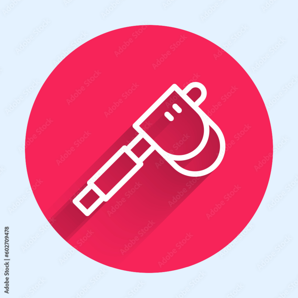 Poster white line wooden axe icon isolated with long shadow background. lumberjack axe. red circle button. 