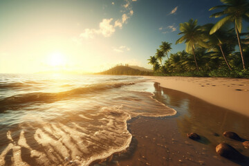 Summer sunset on a tropical sandy beach with palms. High quality photo Generative AI