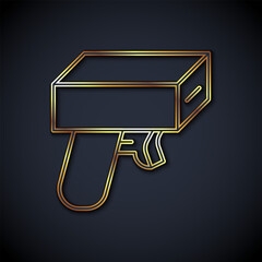 Gold line Money gun icon isolated on black background. Shoot the toy gun with money. Cash machine gun. Vector
