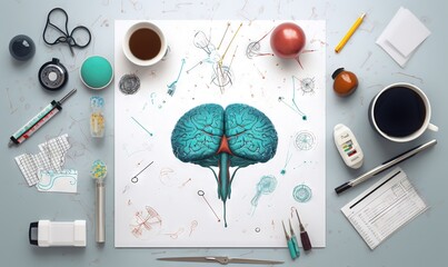  a drawing of a human brain surrounded by office supplies and office supplies.  generative ai