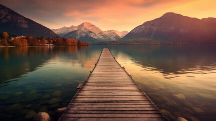 Fototapeta premium Alpine Serenity: Jetty Reflections in the Foothills. Generative AI
