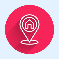 White line Map pointer with house icon isolated with long shadow background. Home location marker symbol. Red circle button. Vector