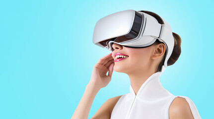 Woman with VR glasses isolated from the background with copy space. Generative AI