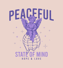 Antique angel and melting Earth globe design for slogan t-shirt. Graphics for t shirt with hand-drawn baby angel statue who sits on Earth globe that melts. Apparel print with grunge. Vector.