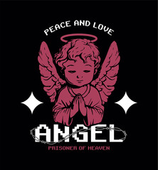 Antique angel and slogan for t-shirt design. Graphics for t shirt with hand-drawn baby angel statue. Apparel and tee shirt print design. Vector.