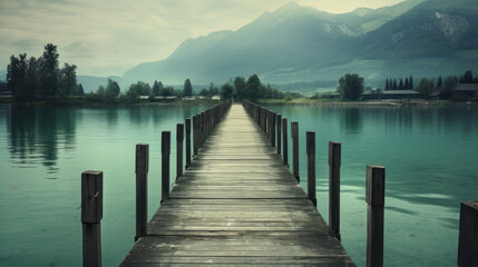 Obraz premium Alpine Serenity: A Tranquil Jetty in the Foothills. Generative AI