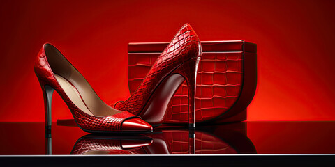 Red high heel shoes made from alligator leather. Luxurious fashion design. Studio shot. Ai Generative image
