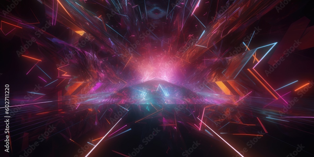 Poster cosmic background with colorful laser lights and broken fractal elements. generative ai aig21.
