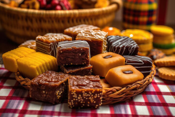 Typical party sweets on the table, traditional Brazilian food from June Festival of Saint John. Generative AI