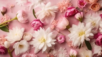 A high-quality photo showcasing pink and white flowers on a pink pastel background for Mother's Day or Women's Day. (Generative AI)