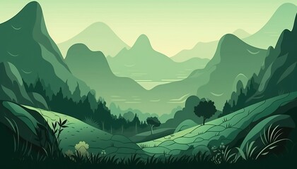 The wallpaper shows green hills and mountains in abstract design. (Generative AI)