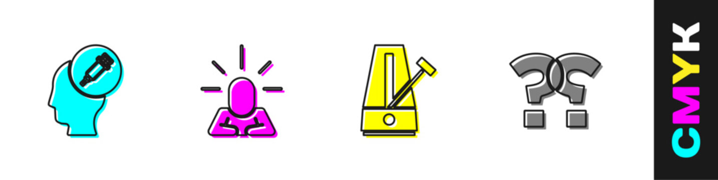 Set Addiction to the drug, Depression, Metronome with pendulum and Question mark icon. Vector