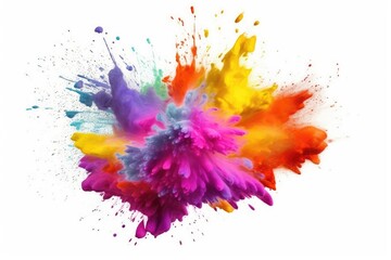 Colorful paint splashes and powder explosion on white background. (Generative AI)