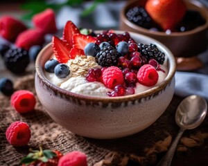 A bowl of Greek yogurt, berries, and oat for breakfast. (Generative AI)