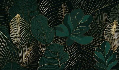 a dark green and gold background with green leaves and plants.  generative ai