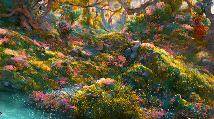 Fototapeta na wymiar Beautiful Flower Forest Landscape Illustration #6. Generated with A.I. Art.