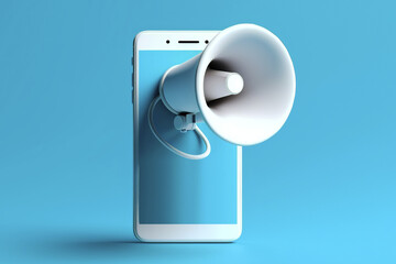 Megaphone coming out of a smartphone on blue background. Generative AI.