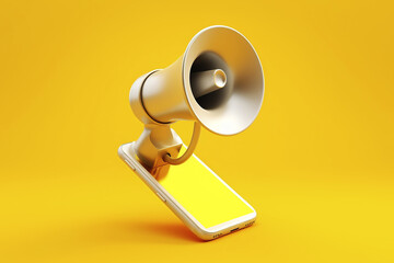 Megaphone coming out of a smartphone on yellow background. Generative AI.