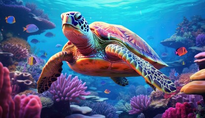 Fototapeta na wymiar Green sea turtle swimming in the ocean. Created with Generative AI tools
