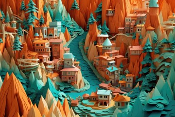 Miniature town with trees and houses in the snow. Created with Generative AI tools