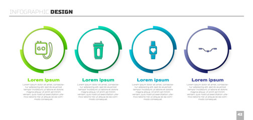 Set Stopwatch, Sport bottle with water, Smart and Bicycle handlebar. Business infographic template. Vector