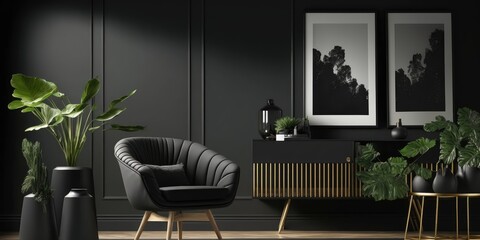 Dark living room interior with luxury gray sofa. distinct generative AI image. - obrazy, fototapety, plakaty
