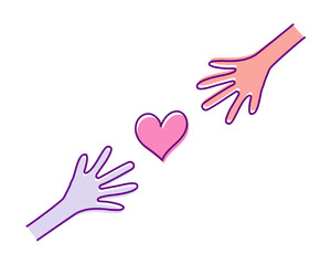 Obraz premium Two hands uniting with heart in the center. Vector drawing doodle icon illustration. Teamwork, partnership, charity, friendship and romance