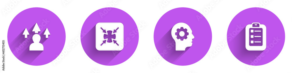Aufkleber set front end development, target, human head with gear inside and to do list or planning icon with 