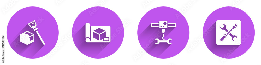 Poster set isometric cube, graphing paper for engineering, 3d printer wrench spanner and setting icon with 