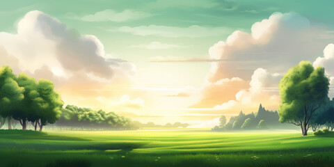Obraz na płótnie Canvas Illustration landscape green meadow, blue sky, clouds