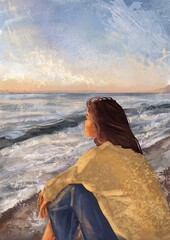 Woman at the Sea is Contemplating with Waves Art Print. Abstract Minimal Background. Bohemian printable wall art, boho poster, pastel abstract art, landscape drawing, sea painting - 602713611