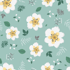 Fototapeta na wymiar White flower pattern. Doodle spring background with floral elements. Summertime fabric vector seamless texture