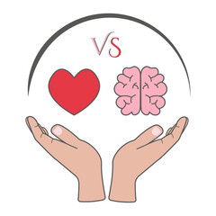 Hands holds heart and brain. Balance of mind and feelings concept. Flat vector illustration