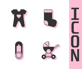 Set Baby stroller, clothes, pin and socks icon. Vector