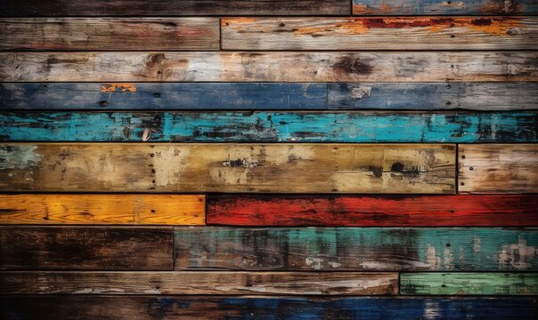  a close up of a wooden wall with different colors of paint.  generative ai