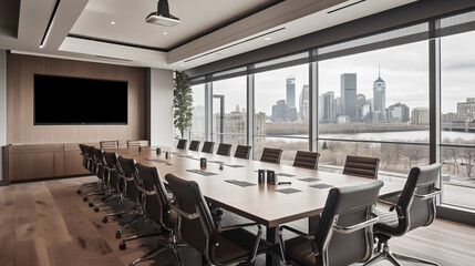 Business conference room, long table with chairs in company. Ia generate