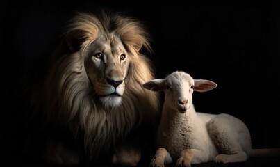  a lion and a sheep are sitting together on a black background.  generative ai