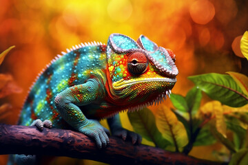 Fototapeta premium Colorful Chameleon: A vibrant photo of a chameleon displaying its ability to change colors, blending seamlessly with its surroundings.