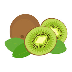 Kiwi fruit vector illustration isolated on white background. Whole fruit, half and leaves.