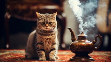 Cat sitting on a rug next a steaming kettle tea. Generative ai