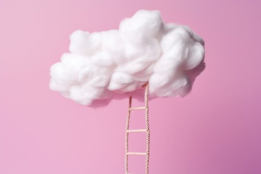 A white cotton cloud with a rope ladder going down on pink background Y2K style