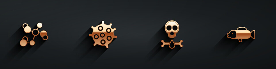Set Chemical formula, Bacteria, Bones and skull and Puffer fish icon with long shadow. Vector
