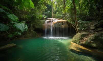 a waterfall in a tropical forest with a pool of water.  generative ai