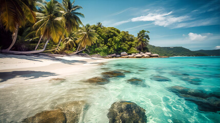 Paradise beach with white sand and palm trees created with Generative AI