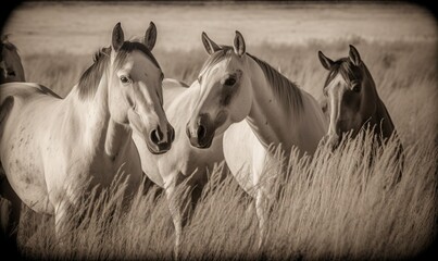Obraz premium a group of horses standing in a field of tall grass. generative ai