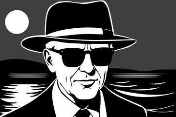 Retro gangster on the beach. Vector illustration of a man in a hat and sunglasses on the background of the sea.